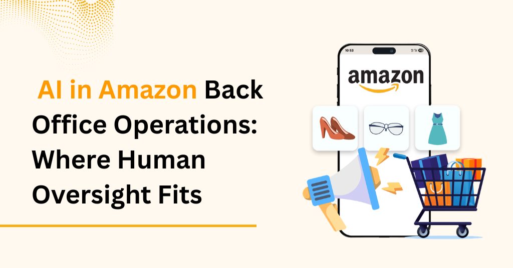 Amazon smartphone interface with product icons and a shopping cart illustrating AI in Amazon back office operations