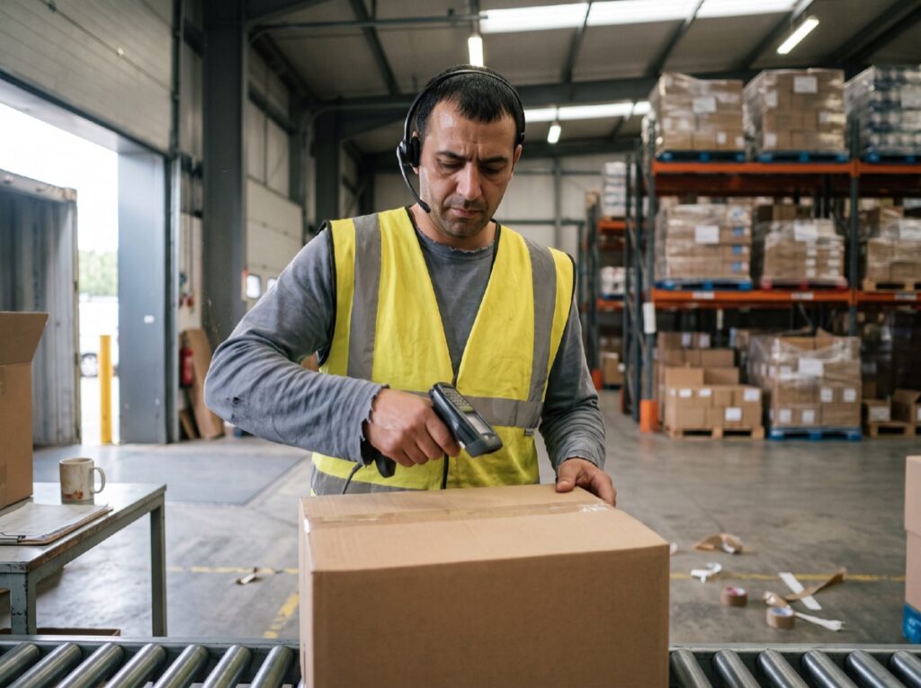 Warehouse worker scanning a serial-numbered electronics box on a conveyor belt