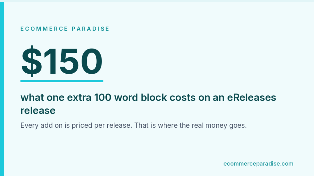 Data card showing eReleases charging $150 per additional 100 word block