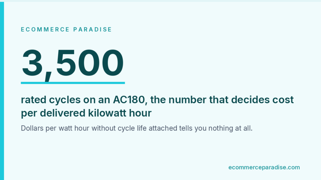 Data card showing 3,500 rated cycles on the Bluetti AC180