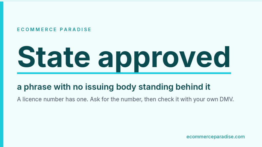Data card noting that state approved is a phrase with no issuing body behind it