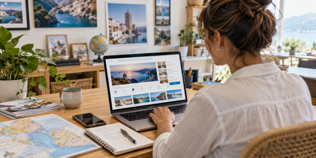 Travel business owner reviewing an online booking journey on a laptop