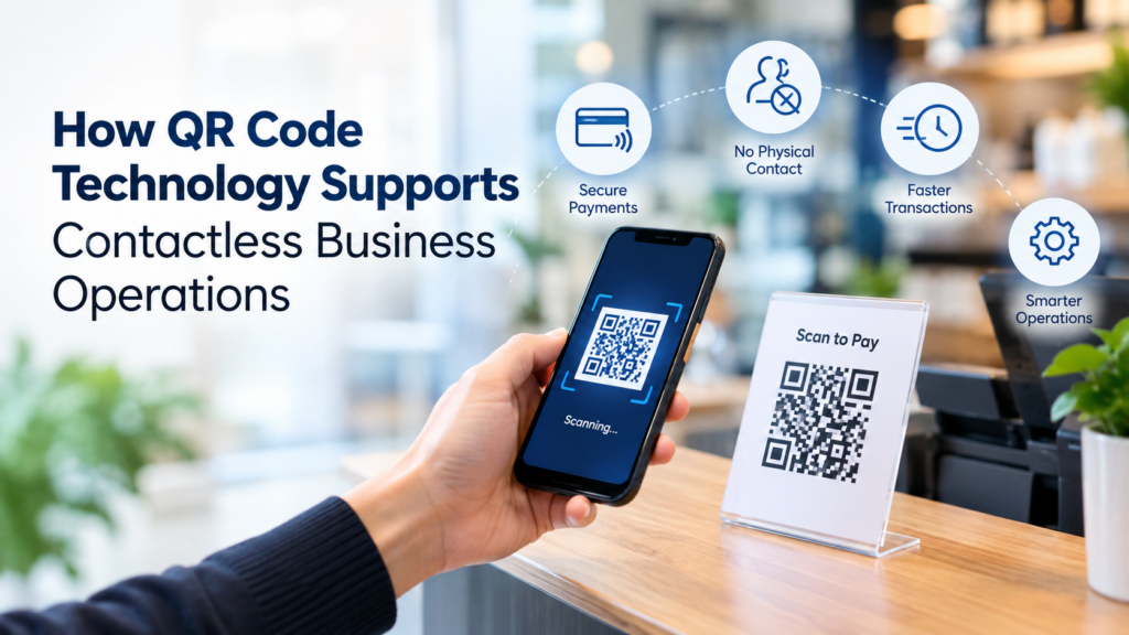 Smartphone scanning a QR code at a contactless business counter