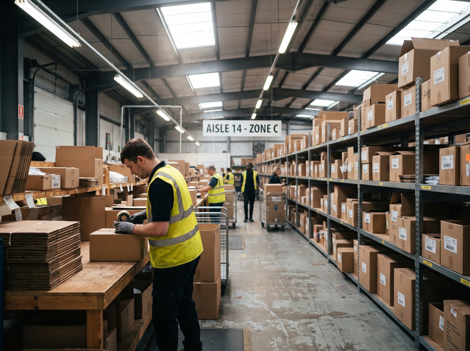 Warehouse staff packing boxes in a US 3PL fulfillment center