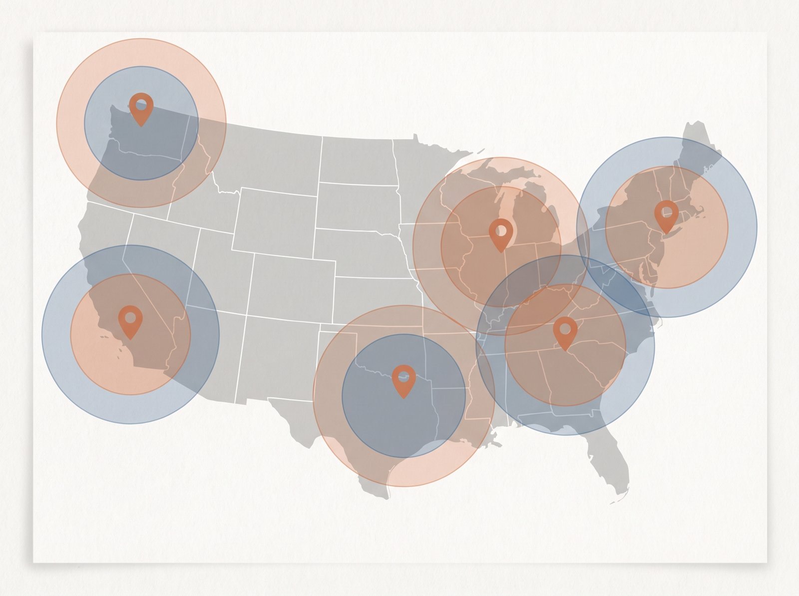Map of US warehouse locations illustrating regional shipping coverage