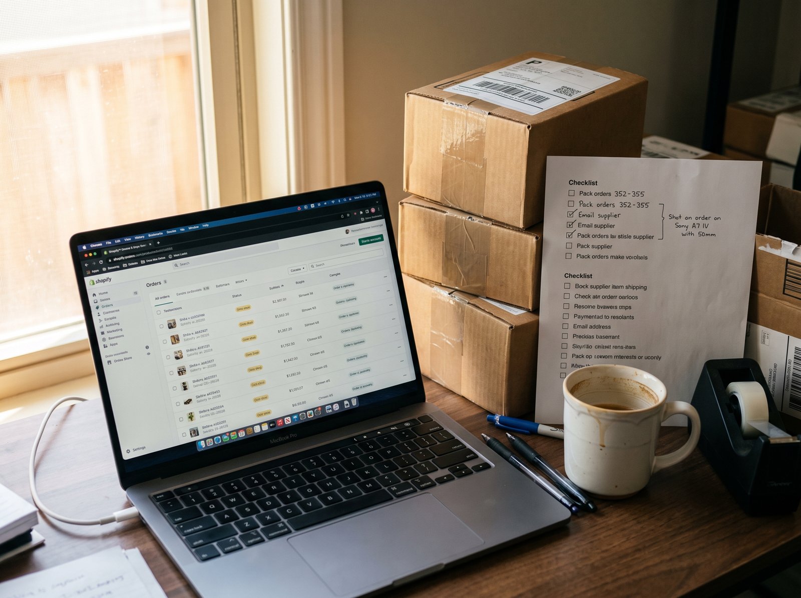 Laptop with ecommerce orders beside packed shipping boxes and a fulfillment checklist