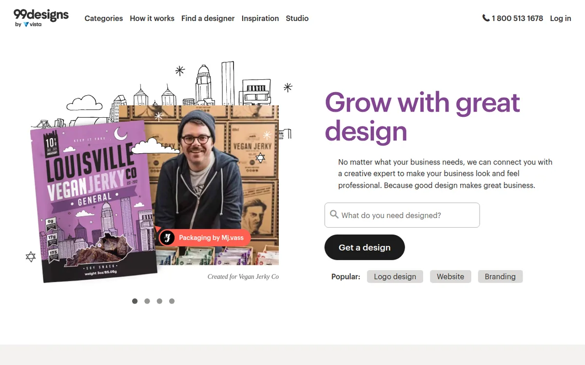 99designs homepage with the headline grow with great design and a Get a design button