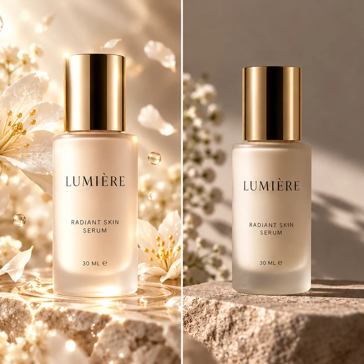 Illustrative side-by-side comparison of a stylized AI-generated skincare scene and a simple product photo