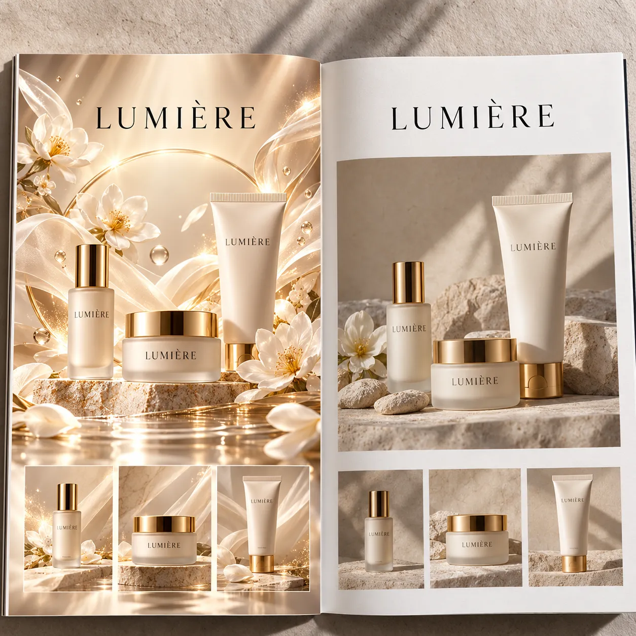 Illustrative product catalogue comparing stylized generated skincare images with consistent neutral product photos