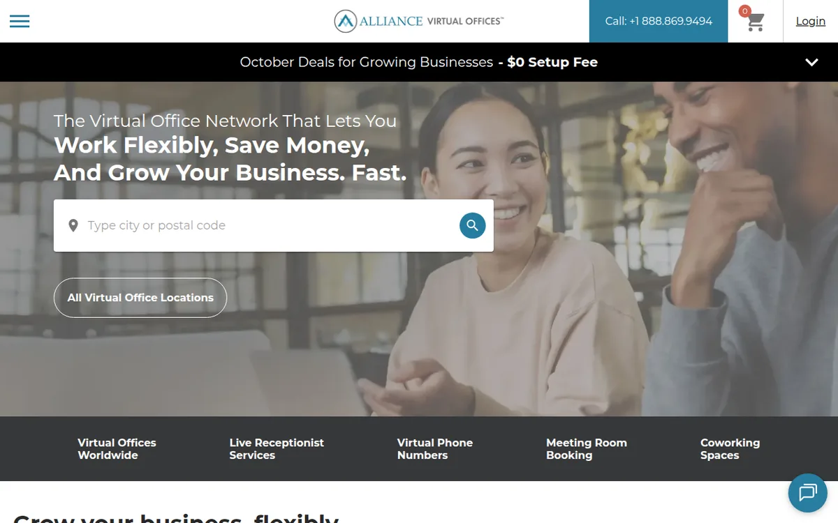 Alliance Virtual Offices homepage with the headline work flexibly, save money, and grow your business and a location search box