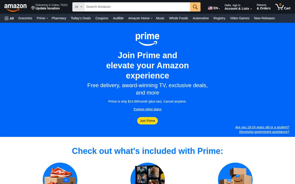 Amazon Prime membership page screenshot October 2026 Amazon Prime signup page with the headline Join Prime and a price of $14.99 a month