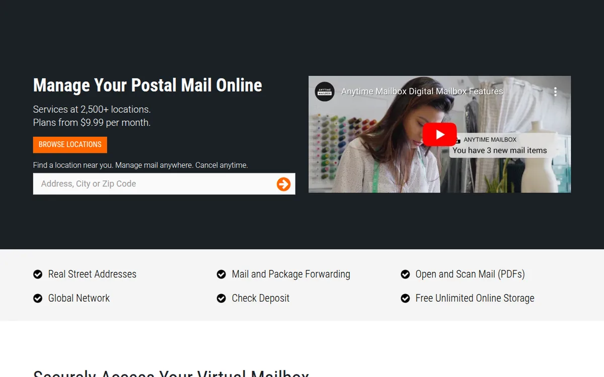 Anytime Mailbox virtual mailbox homepage Anytime Mailbox homepage showing services at 2,500+ locations and plans from $9.99 per month
