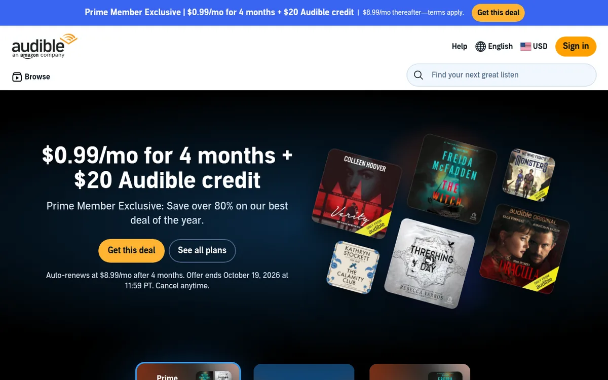 Audible homepage screenshot October 2026 Audible homepage with its $0.99 per month for 4 months Prime member offer and See all plans button