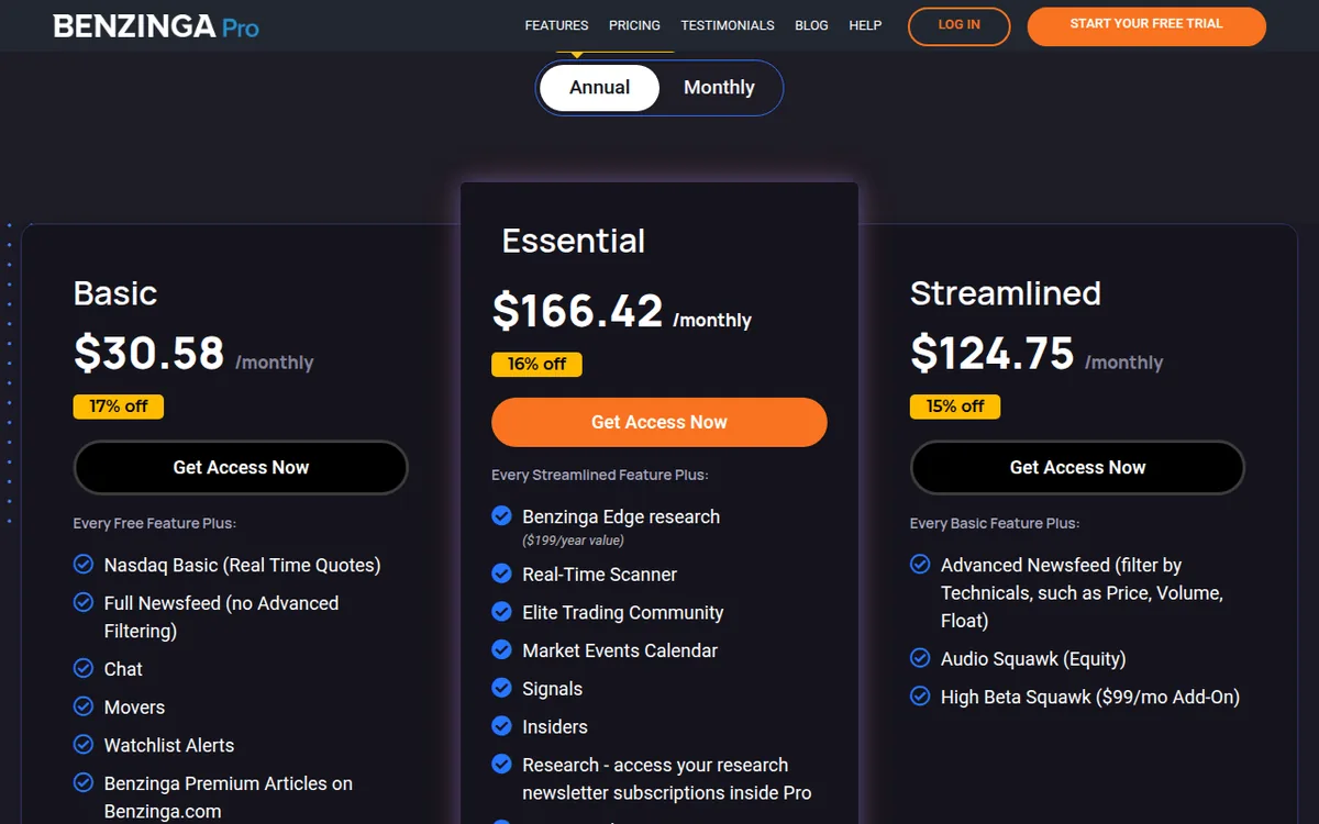 Benzinga Pro pricing page showing Basic, Streamlined and Essential plans with annual billing prices
