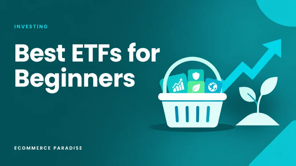 Best ETFs for beginners guide cover showing a growth chart in Ecommerce Paradise teal branding