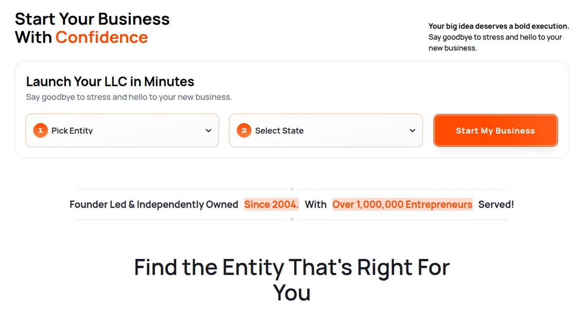 Bizee homepage with the Launch Your LLC in Minutes form and over 1,000,000 entrepreneurs served