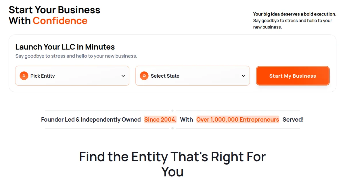 Bizee homepage with the headline Start Your Business With Confidence and a Launch Your LLC in Minutes form