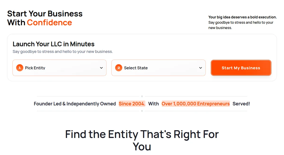 Bizee homepage showing Launch Your LLC in Minutes and over 1,000,000 entrepreneurs served since 2004
