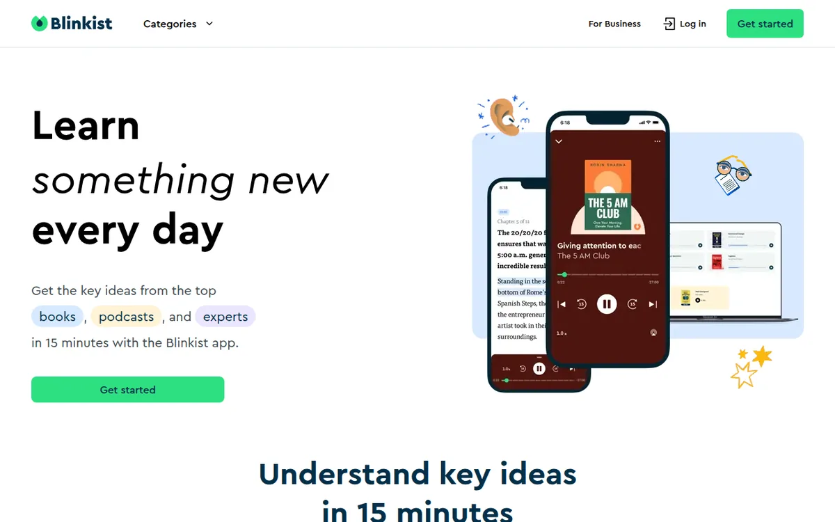 Blinkist homepage screenshot October 2026 Blinkist homepage with the headline Learn something new every day and a Get started button