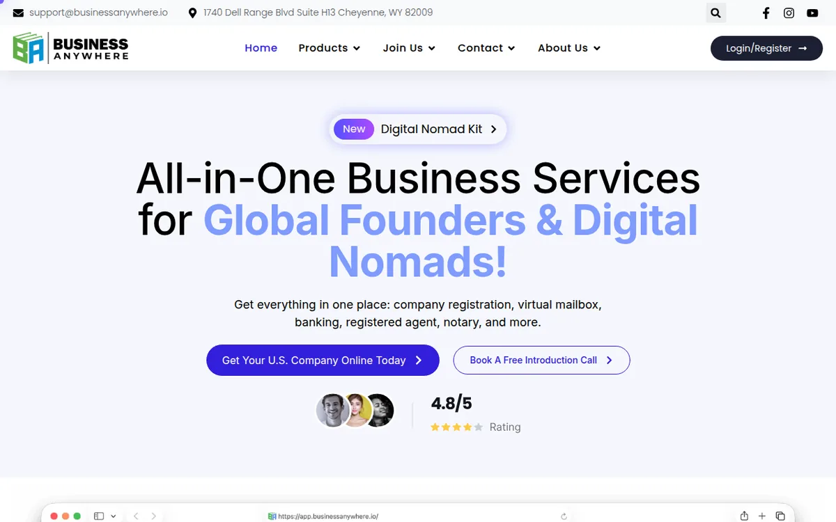 Business Anywhere homepage with all-in-one business services for global founders and a 4.8 of 5 rating