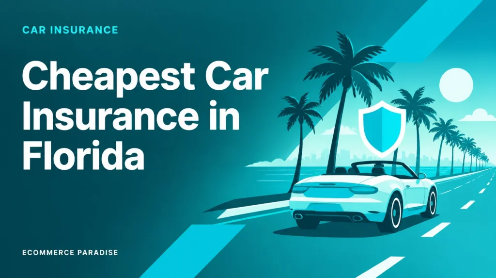 Cheapest car insurance in Florida guide cover showing a car and map in Ecommerce Paradise teal branding