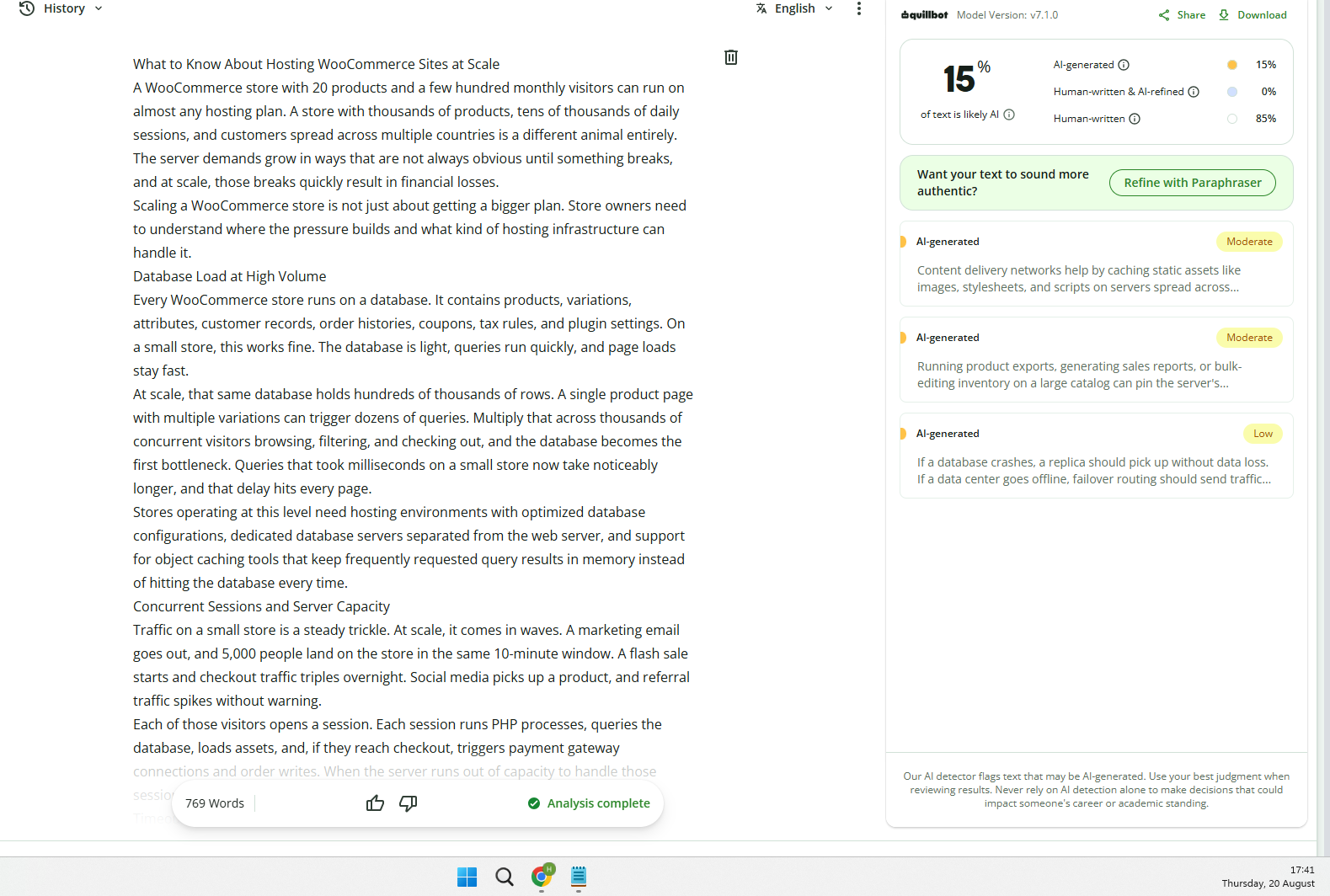 Contributor-supplied QuillBot content review screenshot