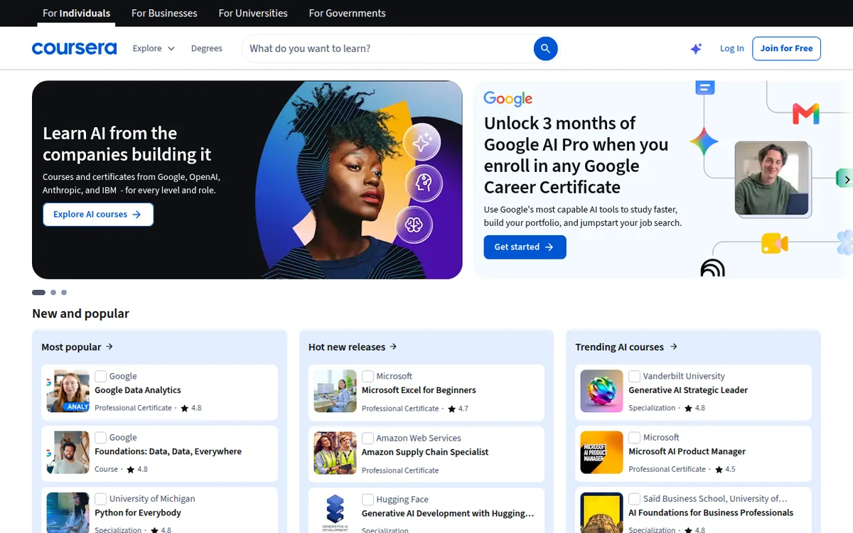 Coursera homepage with a Learn AI from the companies building it banner, a course search bar and a Join for Free button