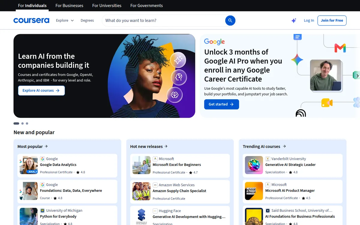 Coursera homepage showing AI course banners and the Join for Free button