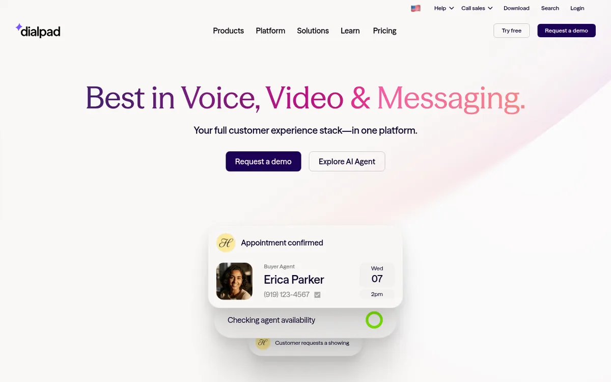Dialpad homepage with its AI communications headline and Request a demo button