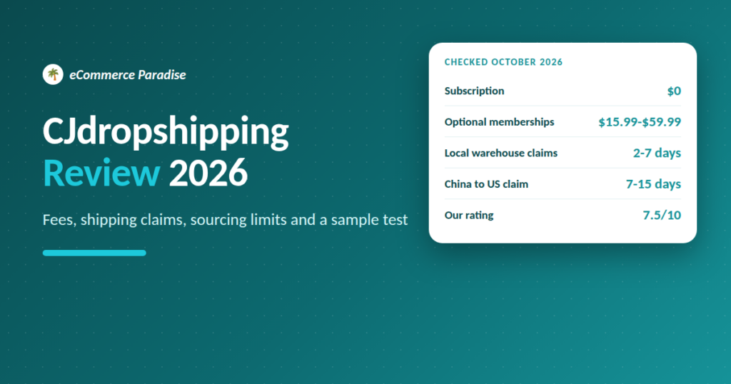 CJdropshipping review 2026 card showing $0 subscription, memberships $15.99 to $59.99, shipping claims and a 7.5 out of 10 rating
