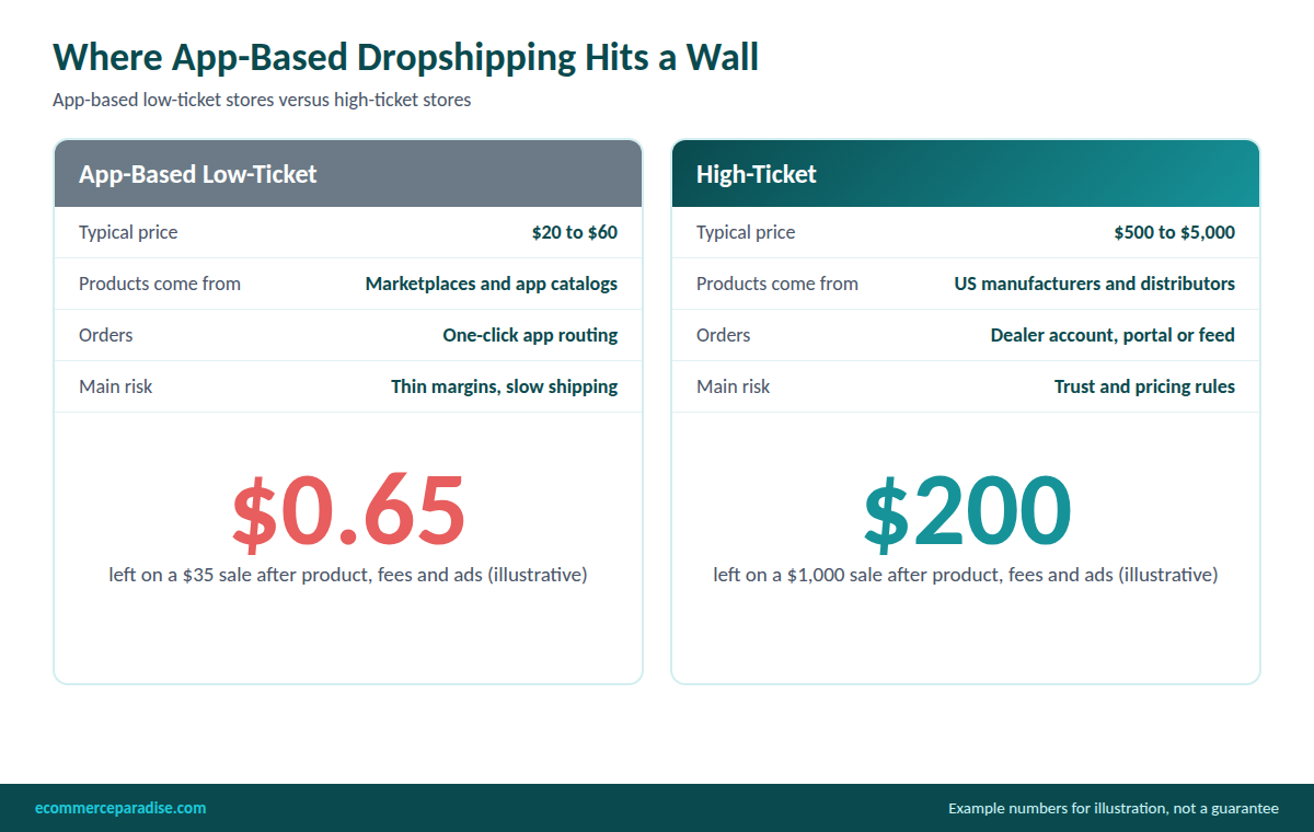 Comparison infographic of app-based low-ticket dropshipping versus high-ticket dropshipping: product price, supplier type, order process, and example profit per order