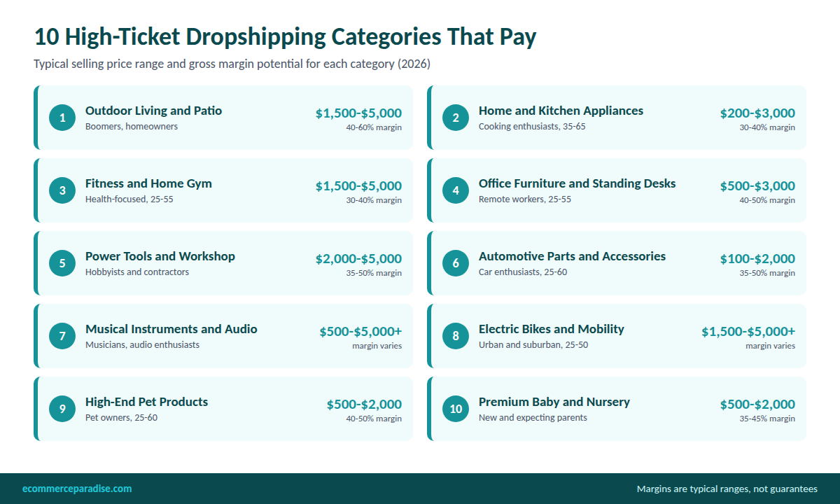 Infographic listing 10 high-ticket dropshipping categories with typical price ranges and margins, from outdoor living and fitness equipment to pet products and baby nursery