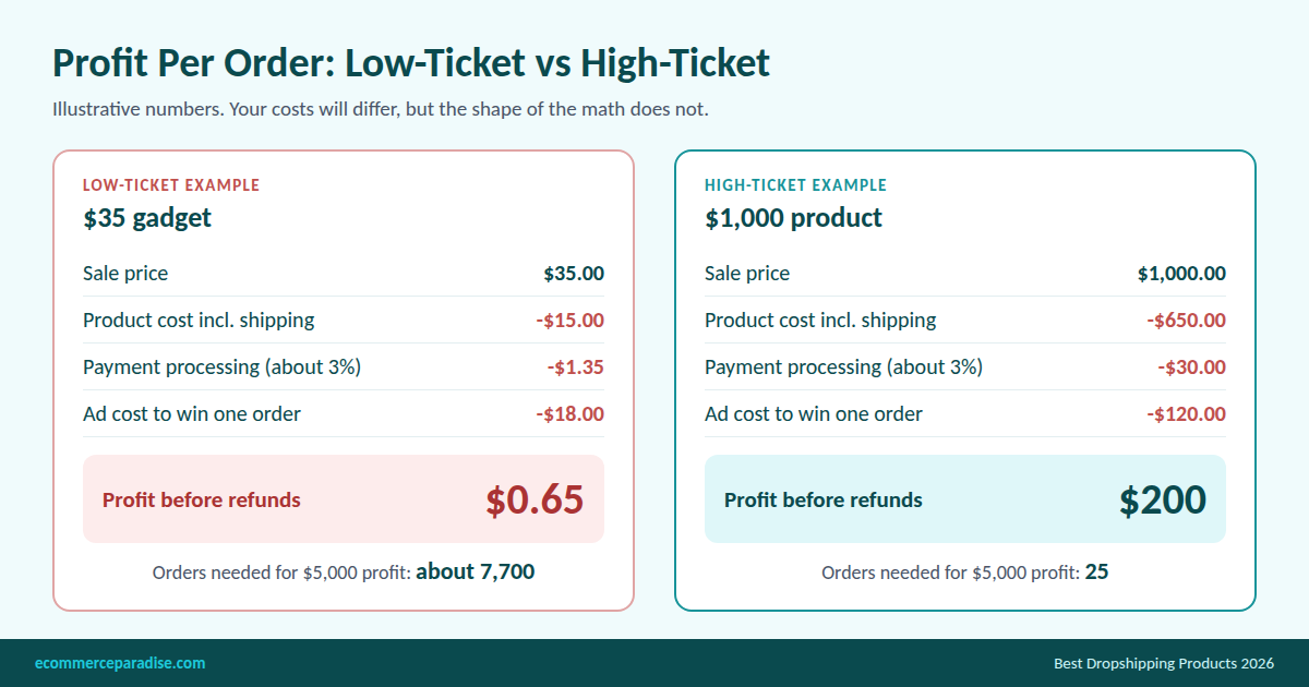 Infographic comparing profit per order: a $35 low-ticket product earns about $0.65 after costs and ads, while a $1,000 high-ticket product earns about $200
