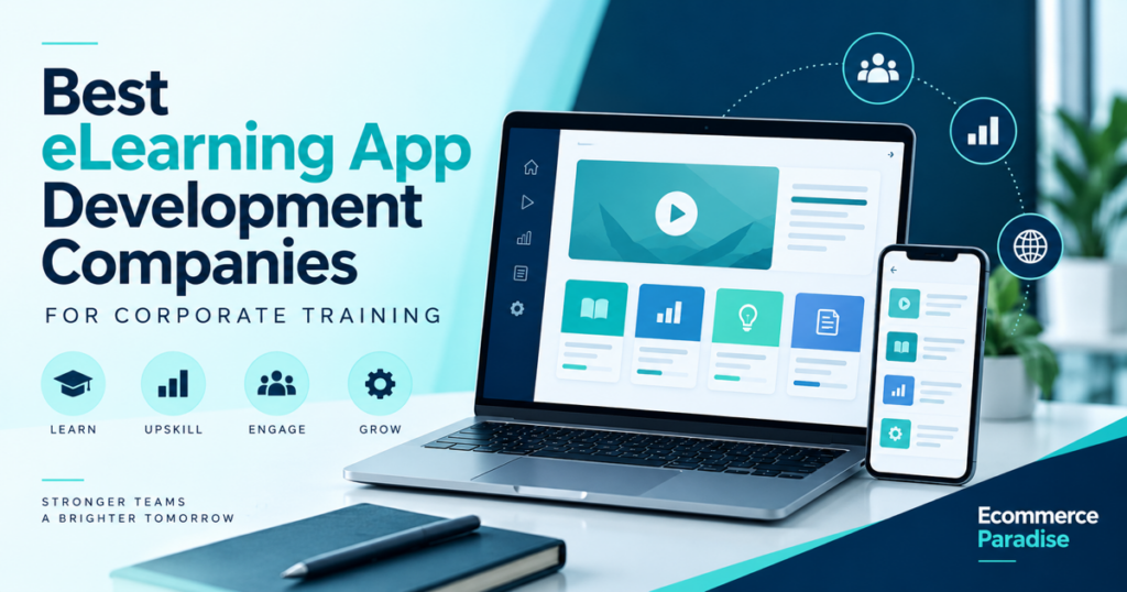 Corporate eLearning dashboard and mobile training app illustration