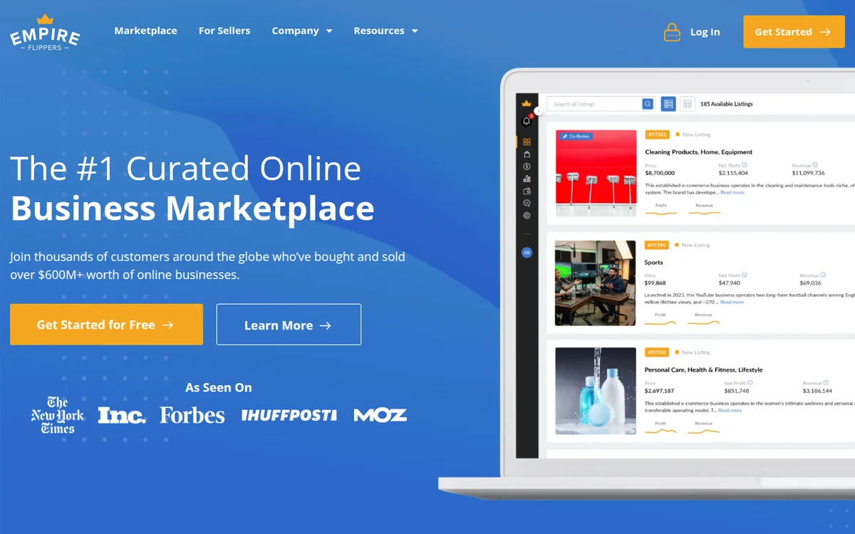 Empire Flippers homepage with the headline The #1 Curated Online Business Marketplace and a Get Started for Free button