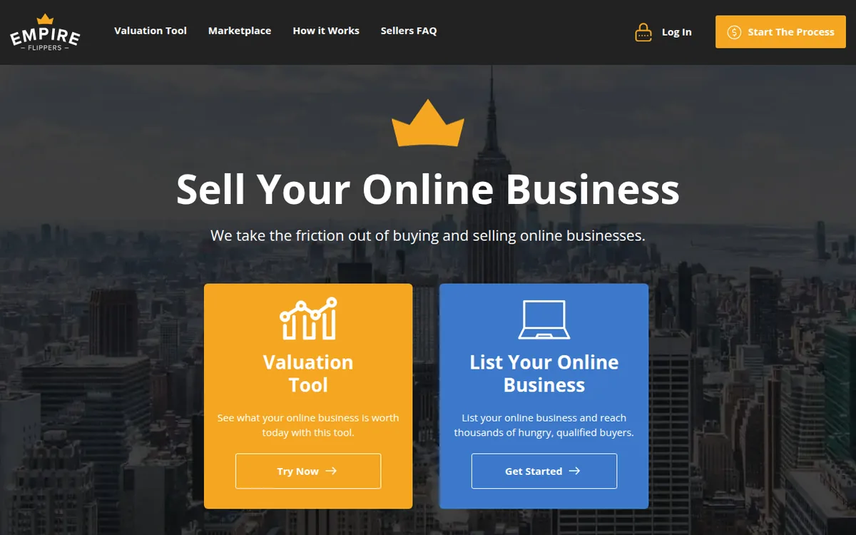 Empire Flippers seller page with the headline Sell Your Online Business, a Valuation Tool card and a List Your Online Business card