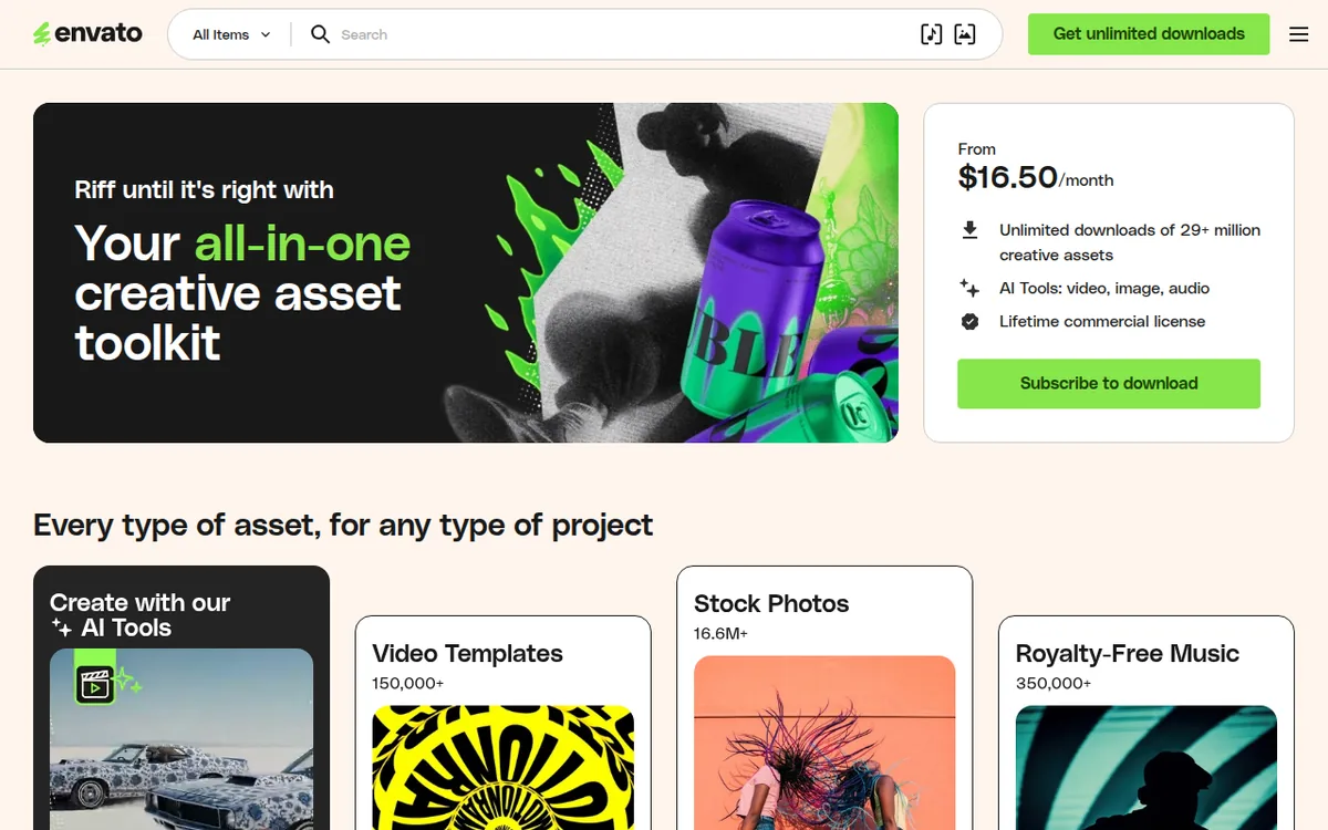 Envato Elements homepage October 2026 Envato Elements homepage showing plans from $16.50 a month and unlimited downloads of 29+ million assets