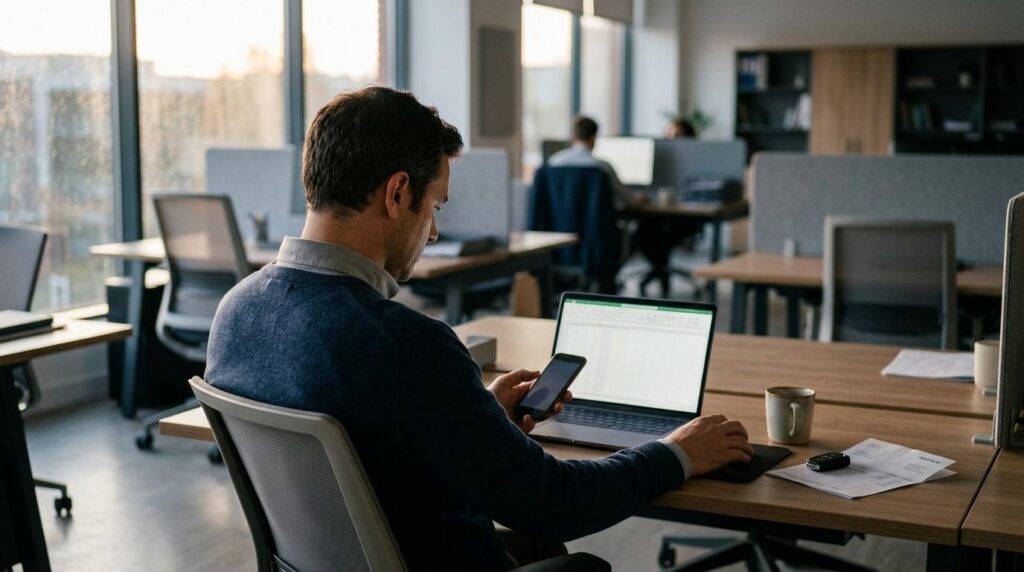 Office worker seen from behind at a desk, checking a phone beside a laptop spreadsheet, with a car key and invoice nearby