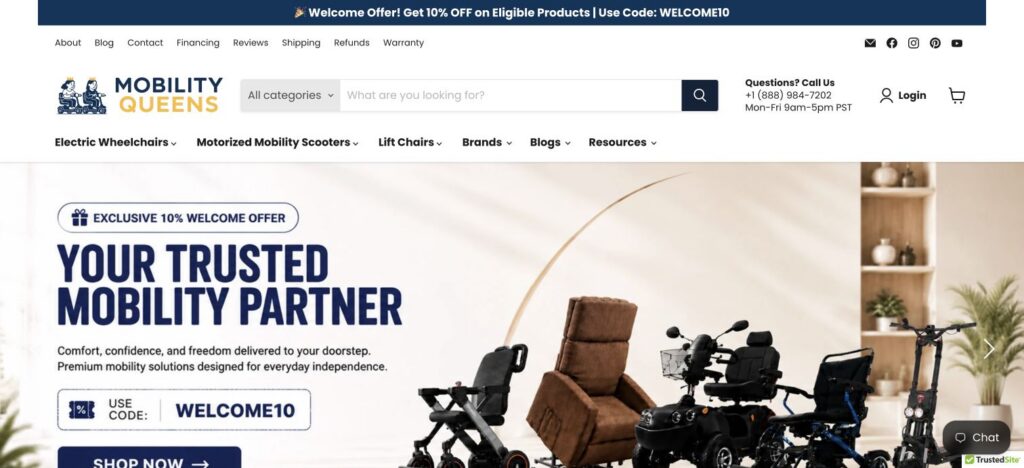 Mobility Queens client store homepage