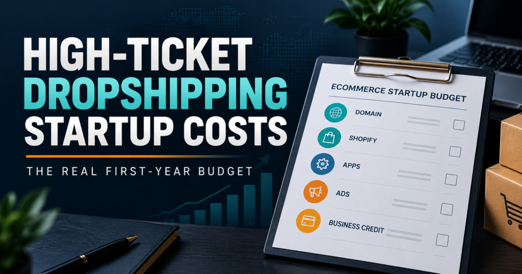 High-ticket dropshipping startup costs first-year budget graphic with domain, Shopify, apps, ads, and business credit