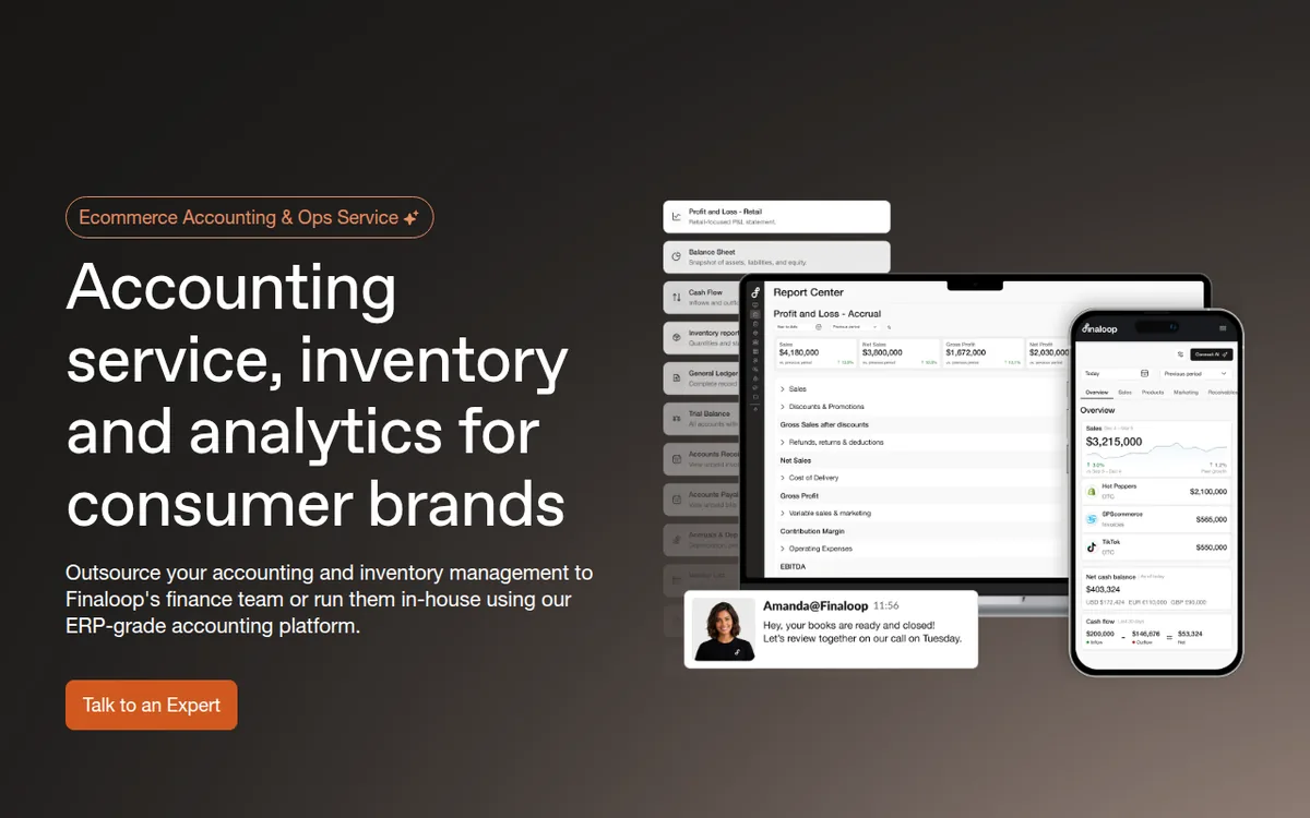 Finaloop ecommerce accounting homepage with dashboard preview