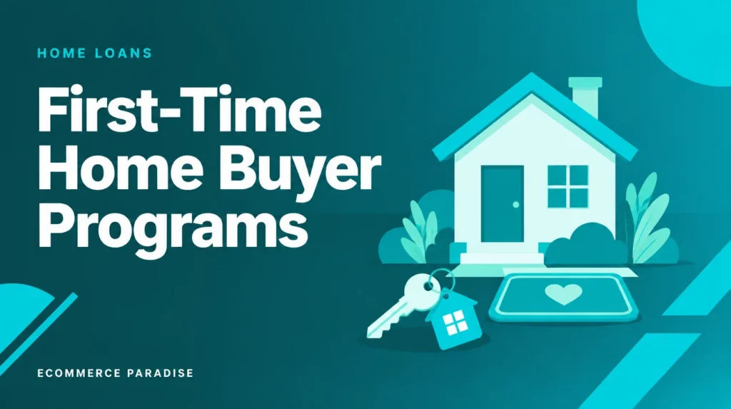 First-time home buyer programs guide cover showing a starter house, key and welcome mat in Ecommerce Paradise teal branding