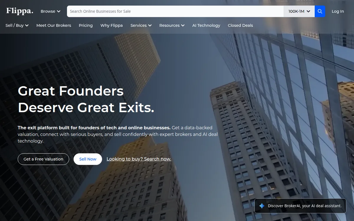 Flippa homepage with the headline Great Founders Deserve Great Exits and a Get a Free Valuation button