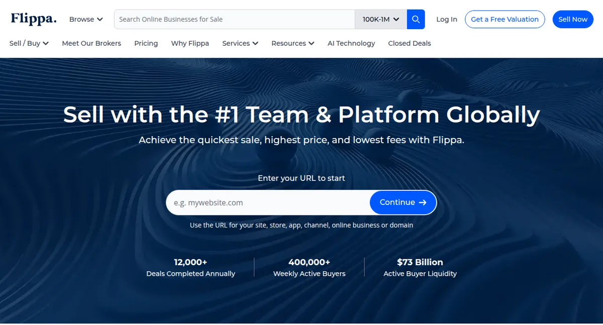 Flippa seller page with the headline Sell with the #1 Team and Platform Globally and a Get a Free Valuation button
