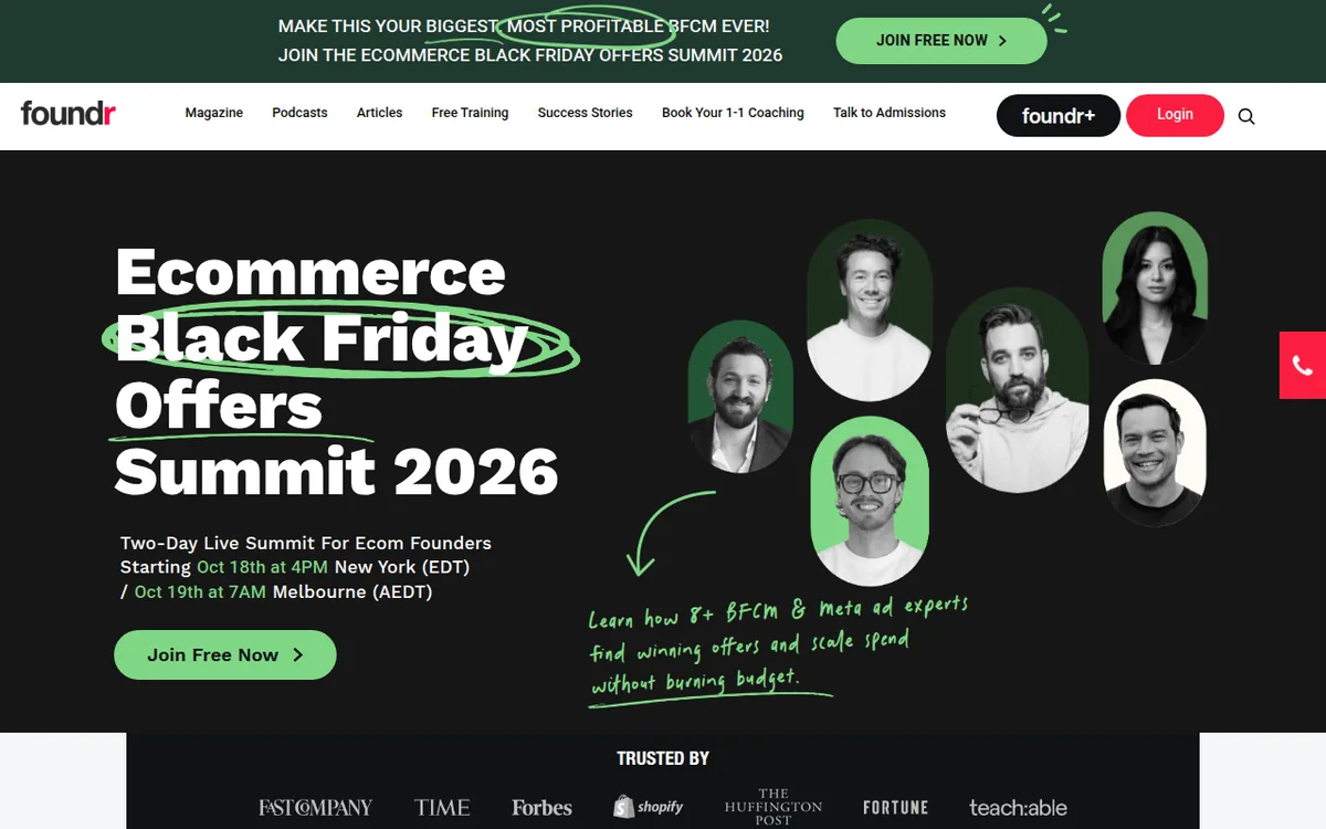 Foundr homepage with the Ecommerce Black Friday Offers Summit 2026 banner and foundr+ button
