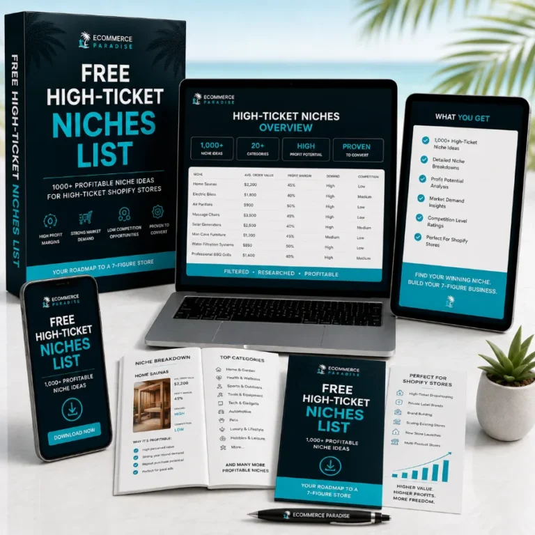 Free High-Ticket Niches List from Ecommerce Paradise shown on a laptop, tablet, phone and printed guide
