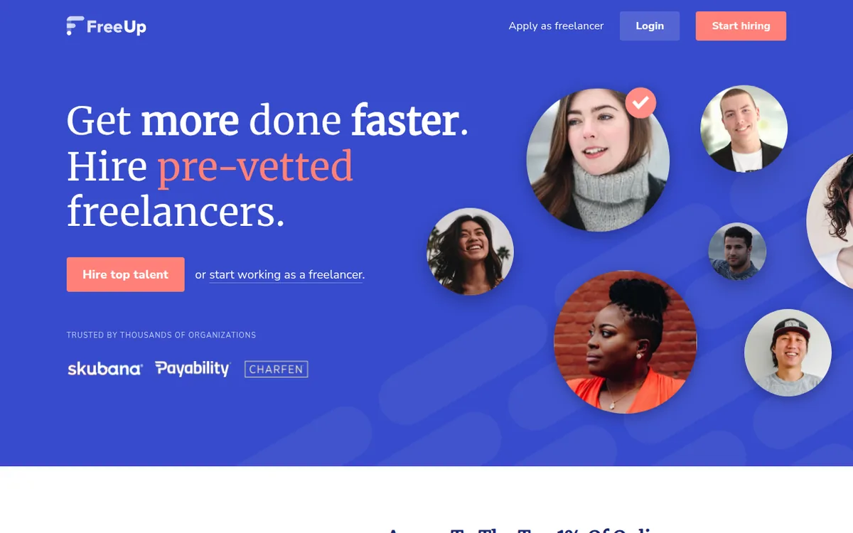 FreeUp homepage with the headline hire pre-vetted freelancers and a Hire top talent button