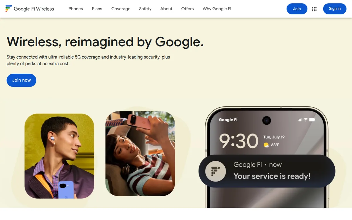 Google Fi Wireless homepage with the headline Wireless reimagined by Google and a Join now button