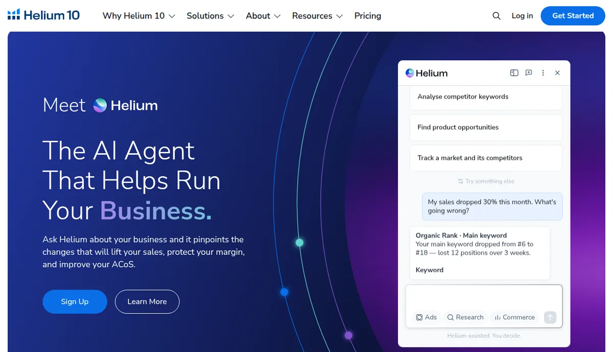 Helium 10 homepage with the headline The AI Agent That Helps Run Your Business and a Sign Up button