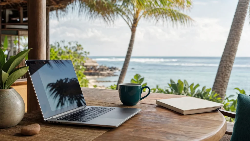 Laptop and coffee at a quiet Bali seaside cafe